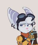  anthro assassyart beverage blue_eyes clothed clothing container cup cybernetic_arm cybernetic_limb ear_piercing ear_ring eyewear eyewear_on_head female fur goggles goggles_on_head hi_res lombax mammal piercing pink_nose ratchet_and_clank rivet_(ratchet_and_clank) solo sony_corporation sony_interactive_entertainment video_games white_body white_fur 