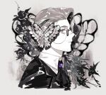  1boy ascot black_ascot black_jacket brown_eyes brown_hair bug butterfly collared_shirt e.g.o_(project_moon) glasses gregor_(project_moon) highres jacket lapels limbus_company looking_at_viewer low_ponytail moufuku001 muted_color notched_lapels ponytail portrait project_moon shirt solemn_lament_(e.g.o) solo white_background white_butterfly white_shirt 
