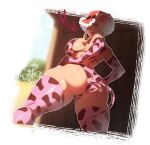  1girl anal_tail animal_print anus_cutout artist_logo ass bikini blonde_hair blue_eyes breasts clothing_cutout commentary cow_print cow_print_bikini cow_print_gloves cow_print_thighhighs cow_tail cowboy_hat cowboy_shot cowgirl_(western) elbow_gloves english_commentary fake_tail feet_out_of_frame from_behind gloves hands_on_own_hips hat heart heart_cutout highres kitt_(pokemon) kokoe_(pyuncho) large_breasts logo looking_at_viewer looking_back pink_bikini pink_gloves pink_theme plump pokemon pokemon_champions print_bikini print_gloves print_thighhighs red_hat short_hair sideboob skindentation solo swimsuit tail thick_thighs thighhighs thighs 