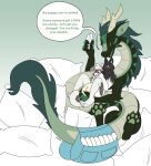 abdl ageplay ambiguous_feral ambiguous_gender anthro arm_tuft black_body black_fur blush bodily_fluids canid canine clothed clothing diaper dragon duo english_text feral fur genital_fluids glistening glistening_eyes green_body green_eyes green_pawpads hardscales hi_res holding_diaper holding_object holding_plushie infantilism long_neck male male_anthro mammal mouth_closed mythological_creature mythological_scalie mythology open_mouth pawpads pillow plushie roleplay scalie semi-anthro shoulder_tuft size_difference speech_bubble striped_neck tail tail_tuft text topless touching_diaper tuft unclean_diaper urine used_diaper wearing_diaper wet_diaper white_body white_diaper white_fur yellow_eyes