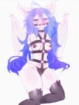 2025 anthro bat bdsm bedroom_eyes black_clothing black_legwear black_panties black_stockings black_underwear bodily_fluids bondage bound breasts choker clothing digital_media_(artwork) drooling female fluffy fur gag hair hands_behind_back harness hi_res jewelry legwear long_hair mammal multicolored_hair narrowed_eyes navel necklace panties pasties prism_(prsmrti) saliva seductive sitting small_breasts solo stockings underwear white_body white_fur wings yabeweny