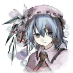  1girl ascot blue_hair brooch closed_mouth collared_shirt commentary_request flower hat hat_flower highres jewelry looking_at_viewer mob_cap pink_hat pink_shirt portrait red_ascot red_eyes remilia_scarlet shirt simple_background solo touhou white_background white_flower z_(xhs_8778151216) 