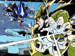  2boys aircraft animal_ears aura battle black_border black_cape black_nails black_sclera blue_eyes blue_sky blue_spine border cape cell_(dragon_ball) character_name claws cloud colored_sclera colored_skin commentary crossover death_battle diffraction_spikes dillfem101 dragon_ball dragon_ball_z duel electricity energy_ball english_commentary flying glint gloves green_skin hedgehog_boy highres humanoid_robot incoming_attack jet_boots kamehameha_(dragon_ball) looking_at_another male_focus metal_sonic multiple_boys neo_metal_sonic open_hand outdoors parody perfect_cell pixel_eyes powering_up red_eyes robot sky sonic_(series) sonic_heroes spiked_wristband style_parody tail white_gloves wings 