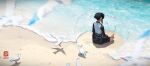  artist_logo beach bird bird_tail bird_wings black_hair black_shorts day facing_away foam from_above full_body highres kan_liu_(666k) logo long_sidelocks long_sleeves lotus_position meditation motion_blur ocean original outdoors sand scenery shadow shell shirt short_hair shorts sidelocks sitting tail vignetting water water_drop waves white_shirt wings 