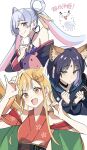  3girls animal_ears black_choker black_kimono blonde_hair blue_eyes blue_hoodie blue_kimono blush brown_hair cho_kaguya-hime! choker closed_mouth clothing_cutout colored_inner_hair commentary_request crescent crescent_hair_ornament digo_0519 double_fox_shadow_puppet forehead_jewel fox_ears fox_girl fox_shadow_puppet fushi_(cho_kaguya-hime!) green_eyes hair_ornament hair_rings hands_up highres hood hood_down hoodie japanese_clothes kaguya_(cho_kaguya-hime!) kimono long_hair multicolored_hair multiple_girls nail_polish off_shoulder open_mouth pink_hair red_kimono red_nails runami_yachiyo sakayori_iroha shoulder_cutout simple_background sitting_on_hair twintails white_background white_hair 