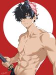  1boy 5casiosi abs black_hair black_pants blue_eyes commentary_request fate/samurai_remnant fate_(series) highres holding holding_sword holding_weapon katana male_focus miyamoto_iori_(fate) navel nipples pants pectorals red_background sheath sheathed solo sword toned toned_male topknot topless_male weapon 