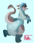2019 ambiguous_gender anthro artist_logo big_diaper black_hair black_sclera blue_background blue_boots blue_clothing blue_footwear blue_hoodie blue_topwear blush blush_lines boots button_(fastener) clean_diaper clothed clothing costume cryo_lithius diaper ears_back eeveelution fingerless_(marking) footwear frown full-length_portrait fur generation_4_pokemon glaceon grey_body grey_fur grey_tail hair hi_res hoodie logo looking_back multicolored_body multicolored_fur multicolored_tail nintendo on_one_leg open_frown open_mouth pivoted_ears pokemon pokemon_(species) pokemon_costume portrait red_body red_fur red_tail sergal sharp_teeth shoes simple_background snowflake_pattern solo standing tail teeth three-quarter_view topwear wearing_diaper wob