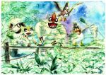  2others black_eyes border bridge bright_pupils claws dated farfetch'd highres meowth multiple_others murachiya open_mouth outdoors painting_(medium) pokemon pokemon_(creature) signature smeargle staravia traditional_media vigoroth watercolor_(medium) white_border white_pupils 
