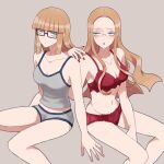  2girls bangs bare_arms black-framed_eyewear blonde_hair blunt_bangs bra breasts cleavage closed_mouth collarbone commentary_request eyeshadow glasses green_eyes grey_background grey_shirt lingerie long_hair looking_at_viewer makeup multiple_girls navel oleana_(pokemon) panties pokemon pokemon:_twilight_wings pokemon_(game) pokemon_swsh rectangular_eyewear red_bra red_lips red_nails red_panties rinka_(rinka0912) shirt sidelocks simple_background sitting sleeveless sleeveless_shirt underwear younger 