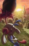  black_flower closed_mouth commentary english_commentary floating floette floette_(eternal) flower frown geosenge_town highres holding holding_flower in-universe_location outdoors pokemon pokemon_(creature) pokemon_focus pokemon_xy sky solo sunset swainathan tearing_up ultimate_weapon_(pokemon) 