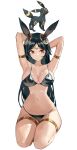  1girl absurdres animal_ears armlet arms_behind_head arms_up bikini black_bikini black_hair breasts cleavage commentary_request forehead_jewel gold_armlet gold_thighlet highres humanization jewelry large_breasts long_hair looking_at_viewer navel personification photo-referenced photo_inset pokemon pokemon_(creature) ppangchil red_eyes simple_background swimsuit thighlet thighs umbreon white_background 
