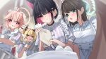  4girls absurdres after-school_sweets_club_(blue_archive) ahoge airi_(blue_archive) alternate_costume animal_ears apron baking_sheet batter black_choker black_hair blonde_hair blue_archive blush brown_hair cake cat_ears cat_girl choker colored_inner_animal_ears colored_inner_hair commentary cream decorating_baked_goods extra_ears food frilled_apron frills green_eyes green_halo halo highres holding holding_pastry_bag holding_whisk indoors kazu_(kauk3753) kazusa_(blue_archive) kitchen long_hair mixing_bowl multicolored_hair multiple_girls natsu_(blue_archive) open_mouth pastry_bag peanut_mouth pink_hair pink_halo puffy_short_sleeves puffy_sleeves red_eyes short_hair short_sleeves side_ponytail small_sweatdrop triangle_mouth twintails two-tone_hair whisk whisking yellow_halo yoshimi_(blue_archive) 