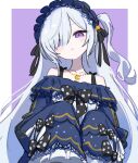  1girl blue_dress blue_hairband bow crescent crescent_necklace dress frilled_dress frills gothic_lolita hair_over_one_eye hairband head_tilt highres jewelry lolita_fashion lolita_hairband long_hair mahou_shoujo_no_majo_saiban natsume_an-an necklace parted_lips polka_dot polka_dot_bow purple_eyes sleeves_past_fingers sleeves_past_wrists solo tied_sleeves two-tone_background very_long_hair waipiiy white_hair 