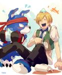  1boy black_pants blonde_hair blue_fur blue_necktie blush body_fur boxing_gloves closed_eyes collared_shirt cup digimon digimon_(creature) digimon_savers furry furry_male gaomon gloves green_vest headband holding holding_cup jar laughing looking_at_another male_focus necktie on_floor open_mouth pants red_headband shirt sitting slippers smile spilled_drink t_k_g tea touma_h._norstein vest white_shirt 
