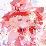  1girl artist_request bare_shoulders blonde_hair bottle chinese_commentary choker commentary_request commission detached_sleeves frilled_wrist_cuffs frills gem gloves hat highres holding holding_bottle identity_v large_hat looking_at_viewer mole mole_under_eye official_alternate_costume parted_lips perfume_bottle portrait purple_eyes red_choker red_gem red_hat red_ribbon red_shirt red_wrist_cuffs ribbon ringlets second-party_source shirt solo strapless vera_nair vera_nair_(lico) white_gloves wrist_cuffs 