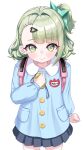  1girl absurdres alternate_costume artist_name backpack bag black_skirt blue_shirt character_name closed_mouth commentary crime_prevention_buzzer green_eyes green_hair hair_ornament hairclip heart heart_hair_ornament highres kindergarten_uniform kuma_piv long_sleeves looking_at_viewer miniskirt one_side_up pink_bag pleated_skirt puffy_long_sleeves puffy_sleeves randoseru shirt simple_background skirt solo sunna_(zenless_zone_zero) untranslatable_commentary white_background zenless_zone_zero 