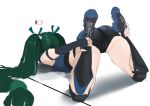 1girl android ass battery_indicator black_shorts cameltoe elbow_gloves fingerless_gloves flat_chest from_behind full_body gloves green_hair highres holding_own_leg knee_pads long_hair qingyi_(zenless_zone_zero) redi_(rasec_asdjh) reverse_yogic_sleep_pose shoes shorts simple_background sleeveless sneakers solo top-down_bottom-up twintails very_long_hair white_background zenless_zone_zero 