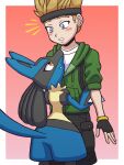 3:4 ambiguous_gender anthro black_body black_fur blonde_hair blue_body blue_eyes blue_fur blush blush_lines clothing digital_media_(artwork) duo fingerless_gloves fur generation_4_pokemon gloves hair handwear hi_res hoodie hug human lucario male mammal matt_(retsgar) nintendo orange_eyes pokemon pokemon_(species) retsgar surprised tan_body tan_fur teeth topwear