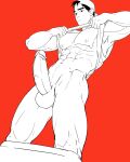  1boy abs backwards_hat bara baseball_cap clothes_lift cowboy_shot erection groin hat highres huge_penis large_pectorals large_testicles male_focus muscular muscular_arms muscular_male naoki_(xhju8282) navel nipples original partially_colored pectorals penis raised_eyebrow red_background shirt_lift solo testicles thick_thighs thighs veins veiny_penis 