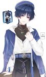  1boy 2026 absurdres arm_support belt belt_buckle beret black_bodysuit black_hair black_pants blue_belt blue_eyes blue_hat blue_shawl blunt_ends bodysuit bright_pupils buckle casual chibi chibi_inset commentary_request contemporary drawstring eyeliner fringe_trim genshin_impact gold_buckle gold_necklace gold_trim hair_intakes hand_up hat highres jazz_(texf3555) jewelry long_sleeves looking_at_viewer makeup male_focus necklace official_alternate_costume official_art_inset pants partially_unbuttoned red_eyeliner scaramouche_(genshin_impact) shawl shirt shoulder_peek solo tsurime turtleneck turtleneck_bodysuit wanderer_(genshin_impact) wanderer_(impression)_(genshin_impact) white_background white_pupils white_shirt white_sleeves wispy_bangs 