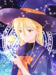  1girl blonde_hair blue_serafuku commentary_request earrings hair_between_eyes hat highres ijuuin_rei jewelry long_hair magic_circle neckerchief orange_neckerchief red_nails school_uniform serafuku solo tokimeki_memorial tokimeki_memorial_1 upper_body wand wineryder823 wizard_hat yellow_eyes 
