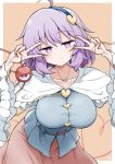  1girl ahoge alternate_breast_size_(larger) black_hairband blue_shirt breasts bright_pupils buttons capelet collarbone commentary_request double_v expressionless frilled_sleeves frills hairband hands_up heart heart_button heart_hairband highres komeiji_satori large_breasts looking_at_viewer outline pink_eyes pink_skirt purple_hair satori_day scavia10 shirt short_hair skirt solo third_eye touhou v v_over_eye white_capelet white_outline white_pupils wide_sleeves 