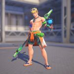  1boy abs armband asymmetrical_hair bare_shoulders belt_pouch black_pants blonde_hair blurry blurry_background brown_eyes clothes_around_waist collarbone earrings eyewear_on_head fingerless_gloves flip-flops gloves highres holding holding_behind_back holding_polearm holding_weapon holding_weapon_behind_back jacket jacket_around_waist jewelry large_pectorals male_swimwear muscular muscular_male necklace nipples official_alternate_costume official_art overwatch pants pectoral_cleavage pectorals pendant polearm pouch sandals sidecut single_glove stud_earrings sunglasses swimsuit third-party_source toned toned_male topless_male undercut water weapon wristband wuyang_(overwatch) wuyang_(poolside)_(overwatch) 