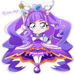  1girl arched_bangs arm_up book brooch chibi chibi_only closed_mouth clothing_cutout commentary cure_majesty detached_sleeves dress earclip elbow_gloves ellee-chan frilled_thighhighs frills full_body gloves gold_choker hair_ornament half-dress heart heart_hair_ornament high-low_dress hirogaru_sky!_precure holding holding_book jewelry legs_together long_hair looking_at_viewer magical_girl majestic_chroniclon mary_janes medium_dress precure puffy_detached_sleeves puffy_sleeves purple_dress purple_hair purple_shoes shoes signature smile soboro_(jitome_dan) solo split_mouth standing thick_eyebrows thighhighs twitter_username two_side_up v-shaped_eyebrows very_long_hair white_background white_gloves white_thighhighs wing_brooch wing_hair_ornament zettai_ryouiki 