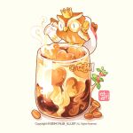  animal bird branch cape chibi chibi_only coffee coffee_beans commentary_request copyright_notice cream crown cup drinking_glass fur-trimmed_cape fur_trim gold_crown heart horned_owl korean_commentary monocle no_humans original owl pitcher_(container) pouring steam talbi watermark 