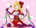  1girl bangs black_ribbon blonde_hair bow bowtie breasts checkered_floor chocolate cleavage commentary_request crystal dai_zu_san dress elbow_rest eyebrows_visible_through_hair fang flandre_scarlet flower frilled_dress frills gloves hair_flower hair_ornament half-closed_eyes heart heart_background holding holding_spatula long_hair looking_at_viewer medium_breasts neck_ribbon open_mouth partially_unbuttoned pink_background purple_gloves purple_legwear red_dress red_eyes red_flower red_rose ribbon rose shadow sharp_teeth short_dress short_sleeves sitting smile solo spatula teeth thighhighs touhou translated underbust valentine wings yellow_bow yellow_bowtie yokozuwari 