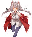  1girl animal_ear_fluff animal_ears bangs bare_shoulders blue_pants breasts collared_shirt dress_shirt eyebrows_behind_hair feet_out_of_frame grey_hair hair_between_eyes highres jacket long_hair long_sleeves looking_at_viewer medium_breasts off_shoulder open_clothes open_jacket orange_eyes original pants red_footwear red_jacket shirt shoes sleeveless sleeveless_shirt sleeves_past_wrists solo standing standing_on_one_leg tori_(10ri) twintails white_shirt 