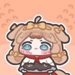  1girl ahoge apron bad_food blue_eyes blush_stickers brown_hair butter_(trickcal) chef chibi chibi_only commentary_request dog_girl flying_sweatdrops korean_commentary monyami neckerchief nervous_sweating pink_background red_apron red_neckerchief shirt solo sweat trickcal waist_apron white_shirt 