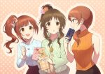  3girls arm_behind_back black_skirt blue_sweater bow box brown_eyes brown_hair cardigan flower gift gift_box green_cardigan grin hair_bow hair_flower hair_ornament hair_over_shoulder high-waist_skirt high_ponytail highres hojo_karen holding holding_gift idolmaster idolmaster_cinderella_girls jewelry kamiya_nao leaning_forward long_sleeves looking_at_another medium_hair monza multiple_girls necklace open_mouth orange_eyes orange_sweater pink_background polka_dot polka_dot_background side_ponytail sidelocks skirt sleeveless sleeveless_sweater smile standing sweater takamori_aiko triad_primus_(idolmaster) turtleneck valentine 