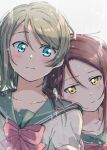  2girls absurdres blue_eyes blush bow bowtie brown_hair collarbone commentary dot_nose grey_hair grey_sailor_collar hair_ornament hand_on_another's_arm head_on_another's_shoulder highres holding hug long_hair looking_to_the_side love_live! love_live!_sunshine!! medium_hair multiple_girls nervous rain red_bow red_bowtie red_hair sailor_collar sakurauchi_riko school_uniform serafuku simple_background untranslatable_commentary upper_body uranohoshi_school_uniform watanabe_you water water_drop wavy_hair white_background yellow_eyes yuchi_(salmon-1000) yuri 