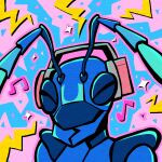 1:1 2024 abstract_background album_cover ant antennae_(anatomy) anthro arthropod blue_body bust_portrait cover eek_(eekanant) eekanant electronics english_description eyes_closed facial_markings happy head_markings headphones hymenopteran insect male mandibles markings multicolored_antennae musical_note musical_symbol portrait solo symbol