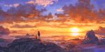  1girl animal blue_sky boulder cloud cloudy_sky commentary dawn dog english_commentary from_behind gradient_sky highres landscape ocean orange_sky original outdoors painterly scenery shore sitting sky standing sun sunlight sylvain_sarrailh water web_address yellow_sky 