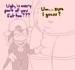 angoramon anthro bandai_namco baseball_cap belly big_bulge biped blush bulge bulge_grab clothing detailed_bulge digimon digimon_(species) duo english_text grope hat headgear headwear hi_res impmon kerchief lxzylux male male/male male_anthro navel neckerchief neckwear overweight size_difference text