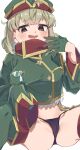  1girl araga_kiwi black_panties breasts cameltoe commentary_request fuurinura gloves green_gloves green_hair green_hat green_jacket hat highres jacket leoparde_(mahou_shoujo_ni_akogarete) long_sleeves looking_at_viewer mahou_shoujo_ni_akogarete military_hat mole mole_under_eye open_mouth panties simple_background sleeves_past_fingers sleeves_past_wrists smile solo spread_legs underwear white_background 