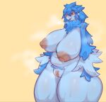  anthro areola avian big_areola big_breasts bird blue_body blue_eyebrows blue_fur blue_hair bodily_fluids breasts curvy_figure eyebrows female fur genitals hair hi_res huge_breasts huge_thighs nipples nude open_mouth pubes pussy red_eyes simple_background solo solterv steam steaming_body sweat thick_thighs torioba-chan voluptuous wide_hips yellow_background 