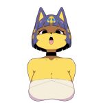 1girl ahegao animal_crossing animal_ears ankha_(animal_crossing) bangs bare_shoulders black_eyes blue_hair blunt_bangs bob_cut breasts cat cleavage colored_skin dot_nose drawing furry furry_female hair_ornament highres huge_breasts lineart looking_at_viewer open_mouth original potatoartox self_upload simple_background smile solo tareme tongue tongue_out upper_body white_background yellow_skin 