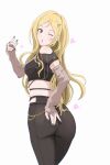  1girl arm_warmers ass black_nails black_pants blonde_hair breasts brown_eyes commentary_request cowboy_shot fingernails from_behind hair_ornament hand_on_own_ass hand_up heart highres hip-hop_woman_(idolmaster) idolmaster idolmaster_million_live! idolmaster_million_live!_theater_days jewelry long_hair looking_back momose_rio nail_polish official_alternate_costume one_eye_closed osage_gankyou pants ring simple_background solo standing white_background x_hair_ornament 