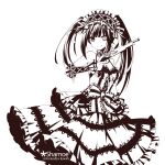  1girl antique_firearm bare_shoulders black_hair breasts clock_eyes commentary_request date_a_live detached_sleeves dress firelock flintlock frilled_dress frilled_hairband frills grandia_koori gun hairband lolita_fashion lolita_hairband long_hair looking_at_viewer medium_breasts monochrome smile solo symbol-shaped_pupils tokisaki_kurumi tokisaki_kurumi_(spirit) twintails v-shaped_eyebrows weapon white_background 