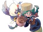  1girl :d arm_up bangs bird blush_stickers braid brown_mittens commentary fur_hat green_eyes green_hair green_legwear hair_between_eyes hat highres jacket lipaidoujiang long_hair lower_teeth open_mouth pantyhose pokemon pokemon_(game) pokemon_legends:_arceus sabi_(pokemon) simple_background skirt smile sparkle teeth tongue twin_braids twintails white_background yellow_headwear 