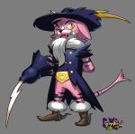 2022 absurd_res anthro belt_buckle black_eyebrows black_nose blade_arm blue_clothing blue_hat blue_headwear blue_jacket blue_stripes blue_topwear boots brown_boots brown_clothing brown_footwear buckle cheek_tuft clothed clothed_anthro clothed_male clothing colored digital_drawing_(artwork) digital_media_(artwork) english_description english_text eyebrows facial_tuft fangs featureless_crotch felid fluffy fluffy_tail footwear freckled_face freckles full-length_portrait fur fur_trim_boots grey_background grimmlin grimmlins_tale hair hand_behind_back hat headgear headwear hi_res inkarat_mittongtare jacket light lighting long_tail male male_anthro mammal markings mouth_closed multicolored_body multicolored_fur multicolored_tail official_art one_eye_closed open_mouth open_smile pink_body pink_fur pink_hair pink_tail portrait pussinbolts red_tongue shaded shoes short_hair simple_background smile solo striped_arms striped_legs striped_markings striped_tail stripes tail tail_markings teeth text title tongue topwear tuft whisker_spots whiskers white_body white_fur yellow_eyes