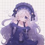  1girl bare_shoulders blue_dress blue_eyes blue_hairband bow closed_mouth commentary crescent crescent_necklace dress frilled_dress frills gothic_lolita grey_hair hair_over_one_eye hairband jewelry lolita_fashion lolita_hairband long_hair long_sleeves looking_at_viewer mahou_shoujo_no_majo_saiban natsume_an-an necklace one_side_up polka_dot polka_dot_bow purple_eyes sleeves_past_fingers sleeves_past_wrists solo untranslatable_commentary very_long_hair wani_(umaumausagi) 