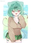  1girl animal_ears artist_name bandaid bandaid_on_leg blush bob_cut border breasts bright_pupils brown_sweater bulbasaur cleavage clenched_hand collared_shirt commentary_request cowboy_shot crossed_bangs d_omm fang green_hair green_skirt gyaru gyaru_bulbasaur_(shin_no_tenpii) hair_between_eyes hair_ornament hairclip half-closed_eyes hand_up happy highres large_breasts light_blush long_sleeves looking_at_viewer miniskirt open_mouth outside_border partial_commentary personification pleated_skirt pokemon red_eyes school_uniform shirt short_hair sidelocks skin_fang skirt sleeves_past_fingers sleeves_past_wrists smile solo standing sweater tentacles thighhighs twitter_username watermark white_border white_pupils white_shirt white_thighhighs zettai_ryouiki 