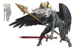 1girl black_wings brokenramen colored_sclera dual_wielding fear_&amp;_hunger_(series) fear_&amp;_hunger_2:_termina feathered_wings floating_hair frown grey_hair highres holding holding_polearm holding_sword holding_weapon horns long_hair looking_to_the_side polearm red_sclera reference_inset simple_background solo spear sword the_heartless_one_(fear_&amp;_hunger) weapon white_background wings 