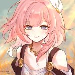  1girl bare_shoulders blue_eyes breasts closed_mouth commentary cyrene_(honkai:_star_rail) cyrene_(philia093)_(honkai:_star_rail) evening hair_ornament highres honkai:_star_rail honkai_(series) looking_at_viewer medium_hair mochimochi_(mochimochi2584) outdoors pink_hair pink_pupils small_breasts smile solo twitter_username upper_body 