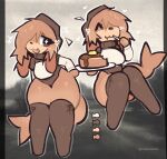 :3 anthro bangs brown_body brown_clothing brown_eyes brown_hair brown_legwear brown_stockings canid canine canis clothing color_swatch colored colored_sketch cute_fangs digital_drawing_(artwork) digital_media_(artwork) domestic_dog eating eyelashes eyes_closed fangs female fish_tail flat_colors food hair heart_symbol hi_res holding_object hybrid legwear long_ears looking_away mammal markings medium_hair midair model_sheet open_mouth open_smile pancake photo_background photography_(artwork) shirt sketch smile solo standing stockings tan_markings teeth thick_thighs topwear vixenisdum