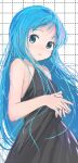  1girl alternate_costume bare_shoulders black_dress blue_eyes blue_hair commentary_request dress grid_background kantai_collection light_blush long_hair looking_at_viewer oge_(ogeogeoge) own_hands_together parted_lips pink_nails samidare_(kancolle) simple_background sleeveless sleeveless_dress solo very_long_hair 